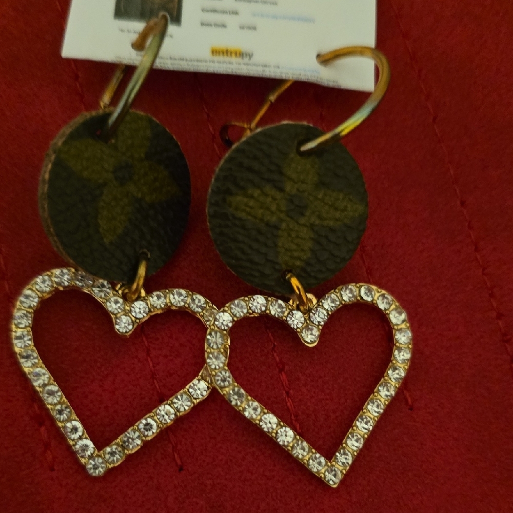 Upcycled Gold and Brown Heart Earrings with Crystal Accents